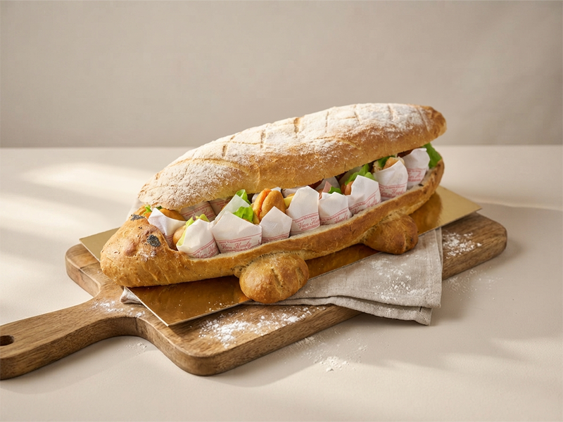 Verrassingsbrood in de vorm van een krokodil, gevuld met verse belegde broodjes
