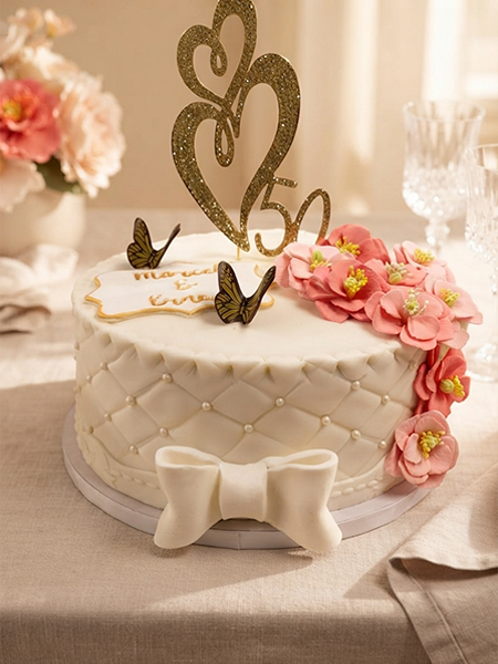 Elegante jubileumtaart met suikerbloemen en gouden topper