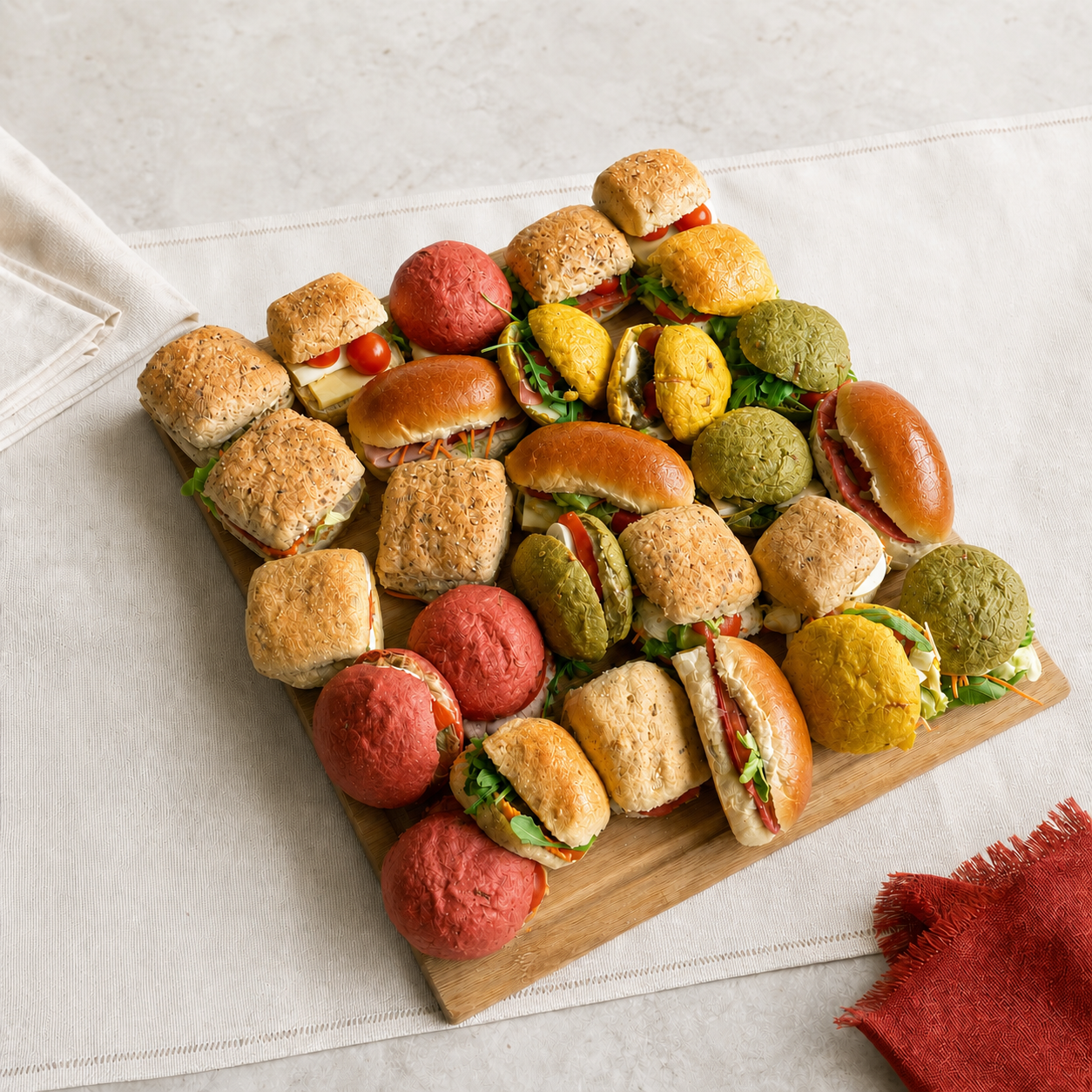 Assortiment verse belegde broodjes en sandwiches, naar wens samengesteld