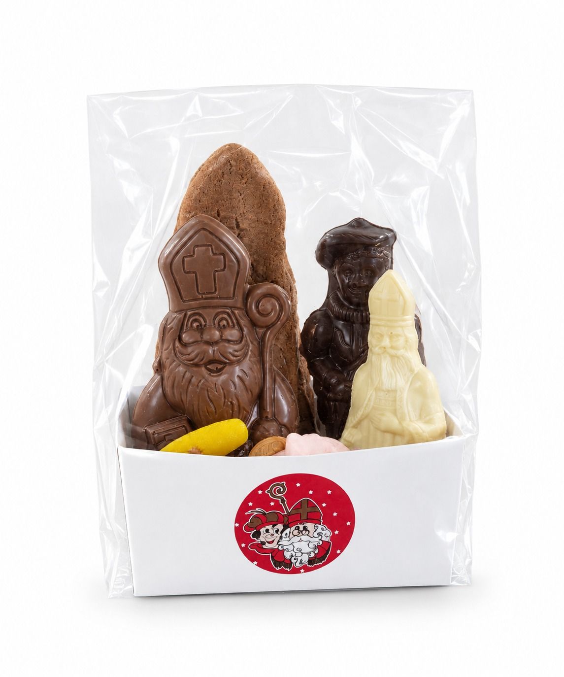 Sintpakket Medium met speculaas, chocolade Sint en Piet in melk, puur en wit, chocoladegeld en suikergoed