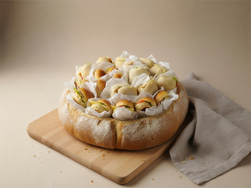 Verrassingsbrood in Ardeense vorm, gevuld met een assortiment verse belegde broodjes